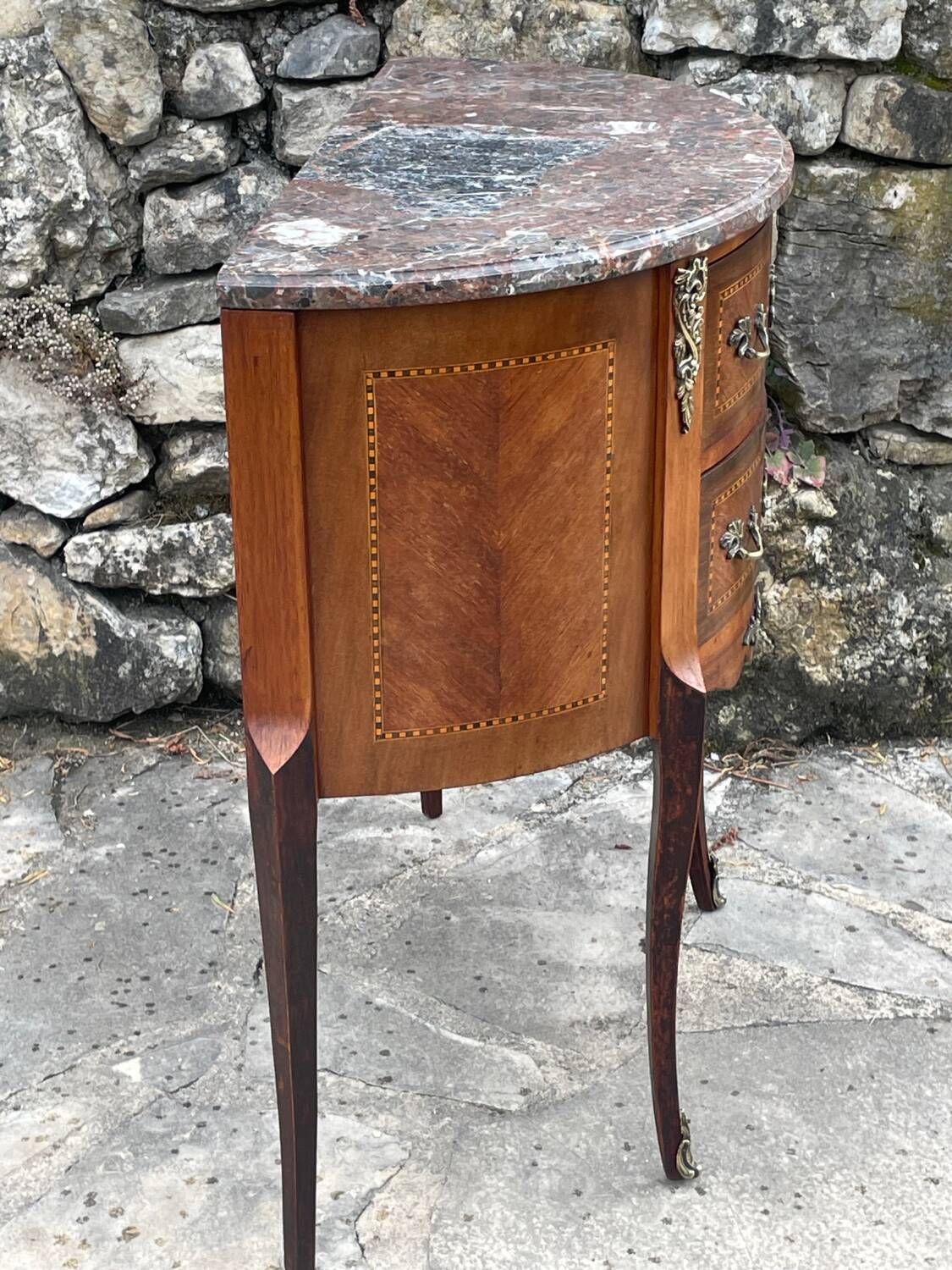 Small half-moon chest of drawers in Louis XV style marquetry, 19th century period
