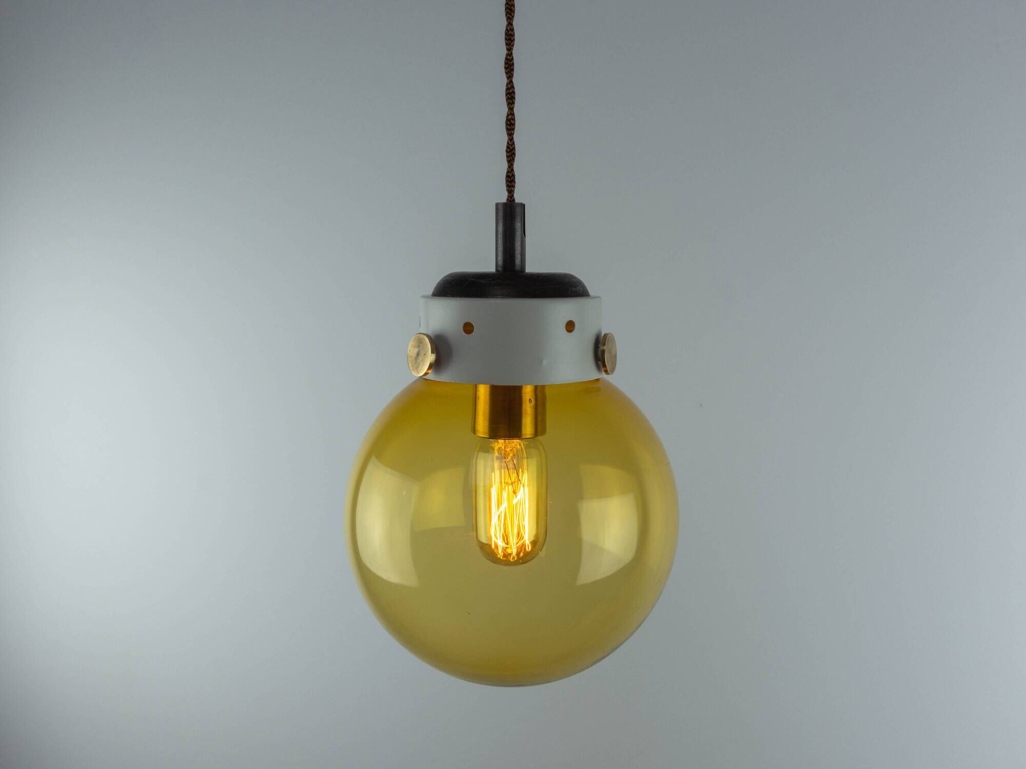 Industrial Vintage Mid-Century Modern Amber Glass And Brass Metal Lamp