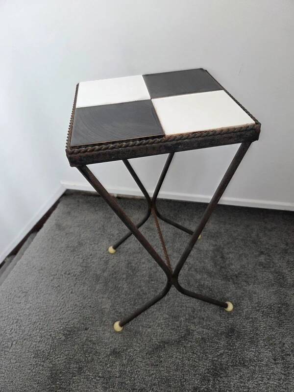 Vintage art deco table in wrought iron and black and white ceramic