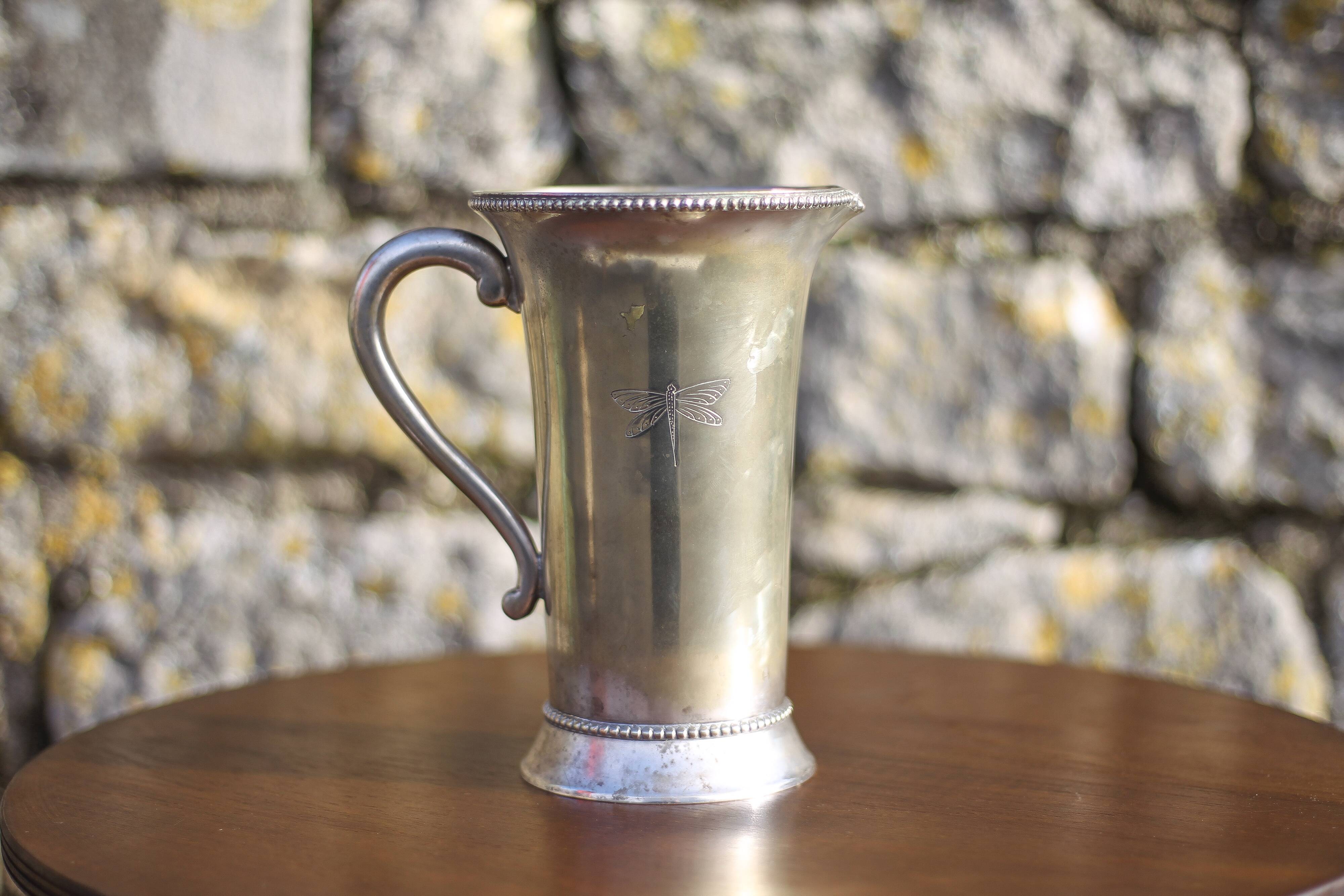 Antique metal carafe, jug, pitcher with handle, engraved dragonfly, collection