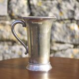 Antique metal carafe, jug, pitcher with handle, engraved dragonfly, collection