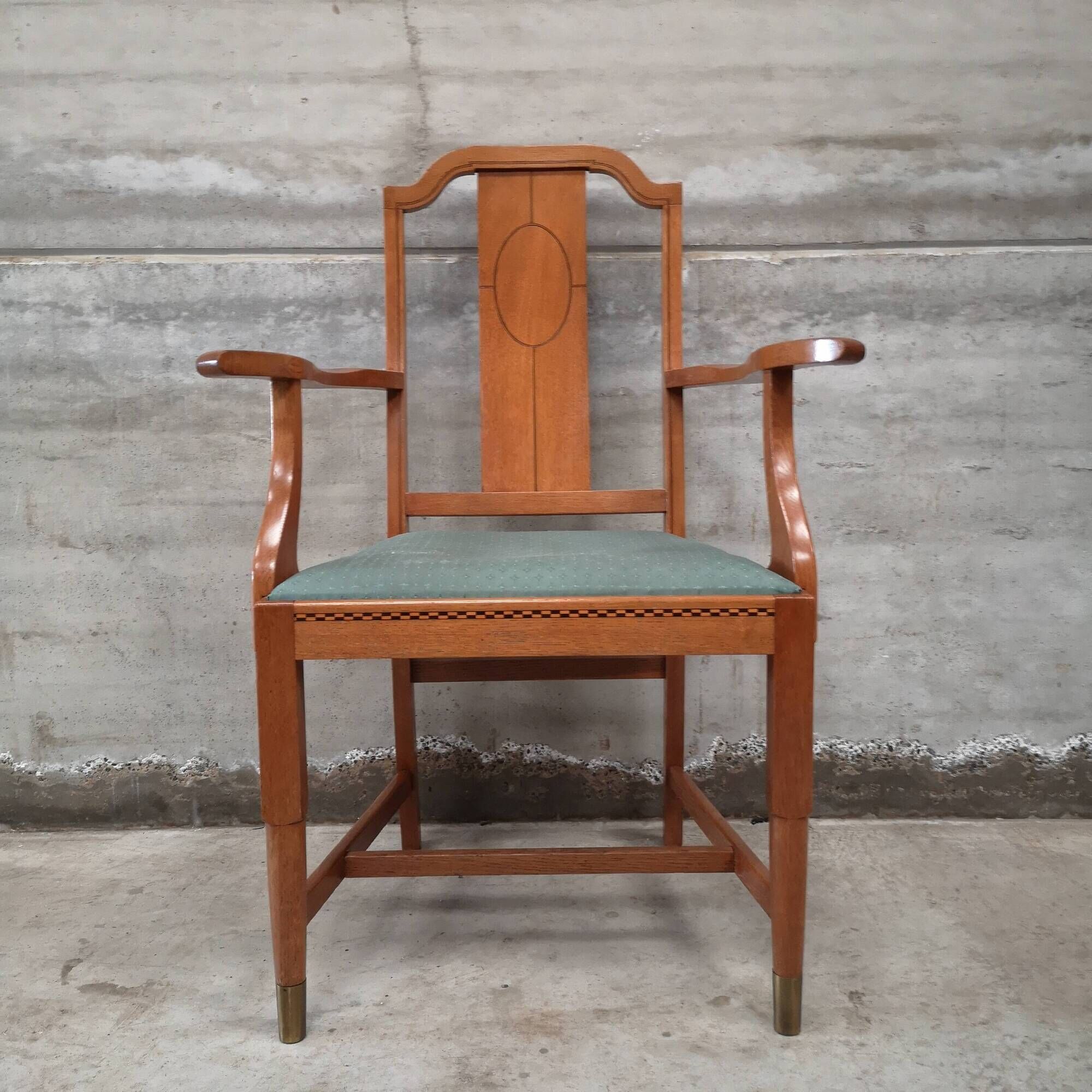 Art craft art nouveau armchair in oak and brass
