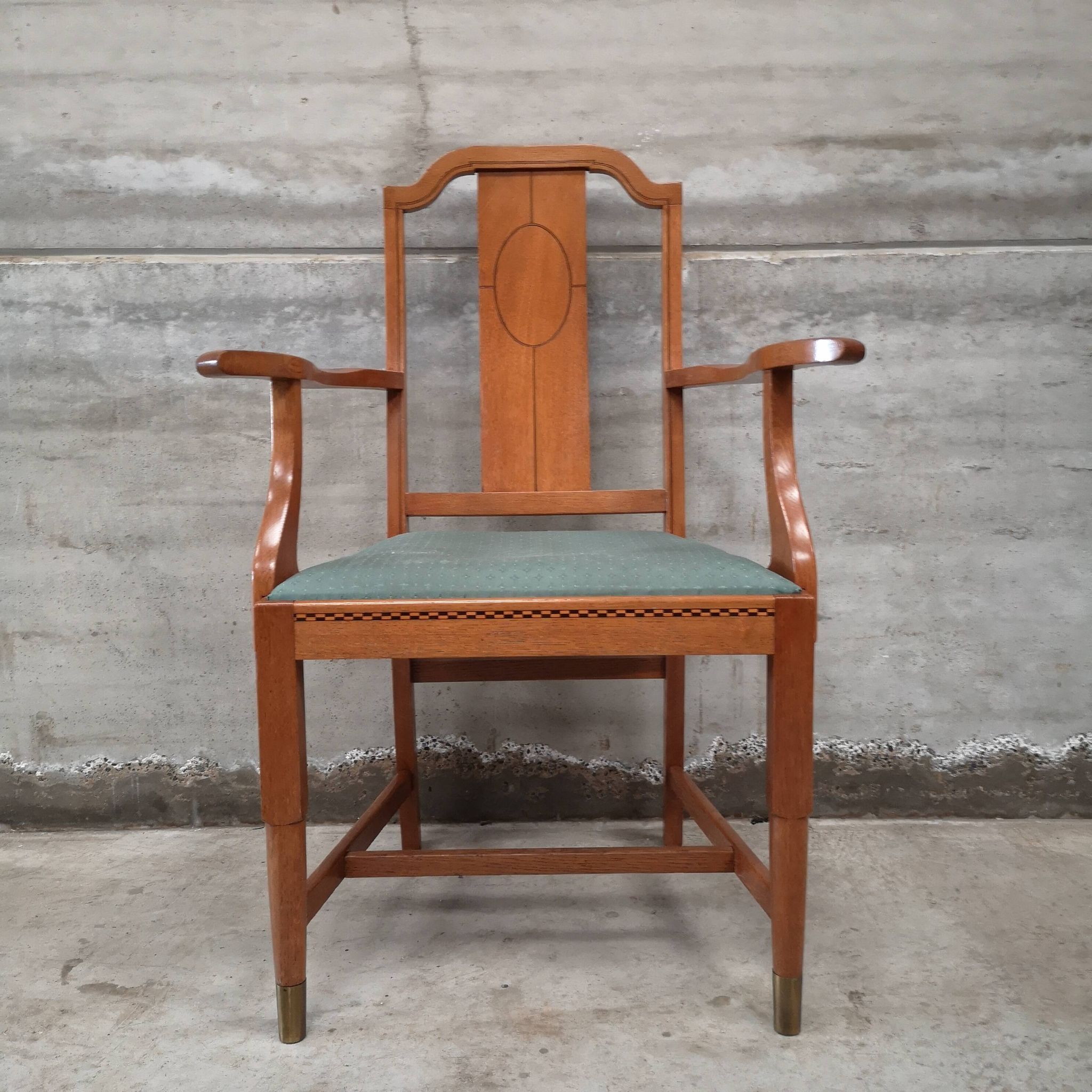 Art craft art nouveau armchair in oak and brass