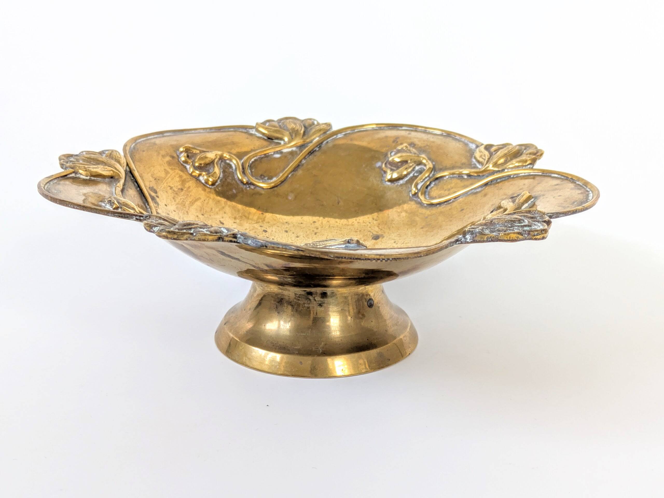 Brass Footed Bowl | Antique Art Nouveau Floral Motif