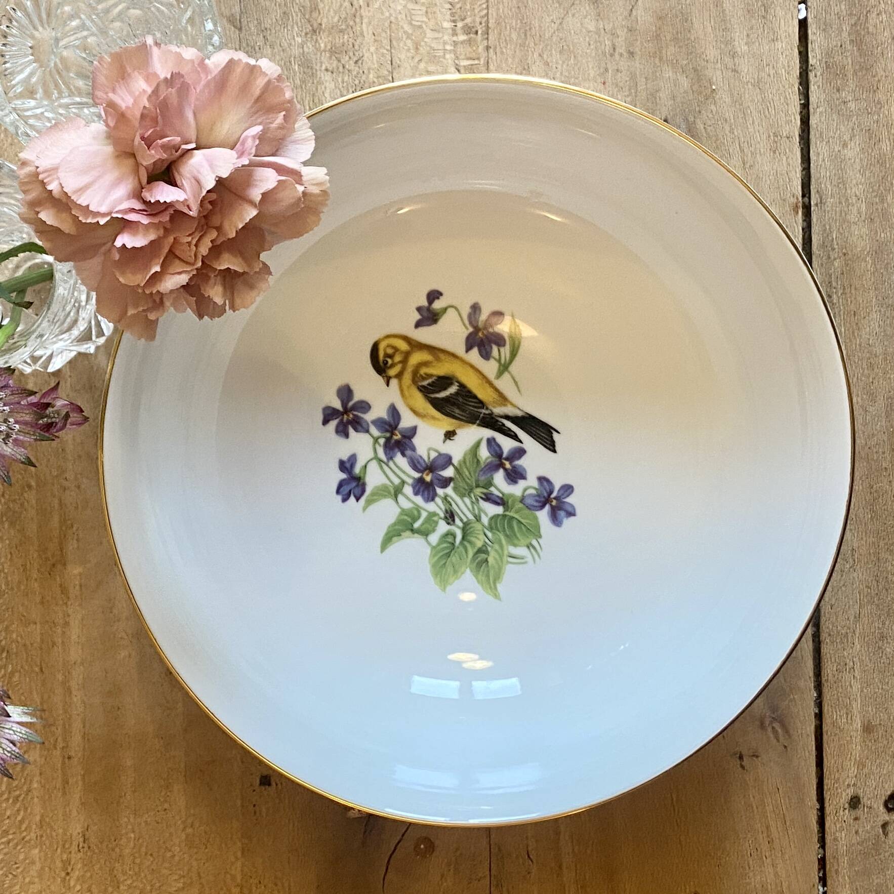 Vintage porcelain salad bowl - bird and flower decorations
