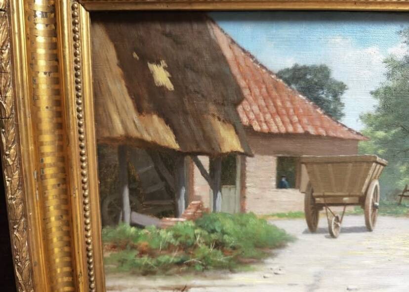 Antique oil painting, french barbizon school, wooden frame