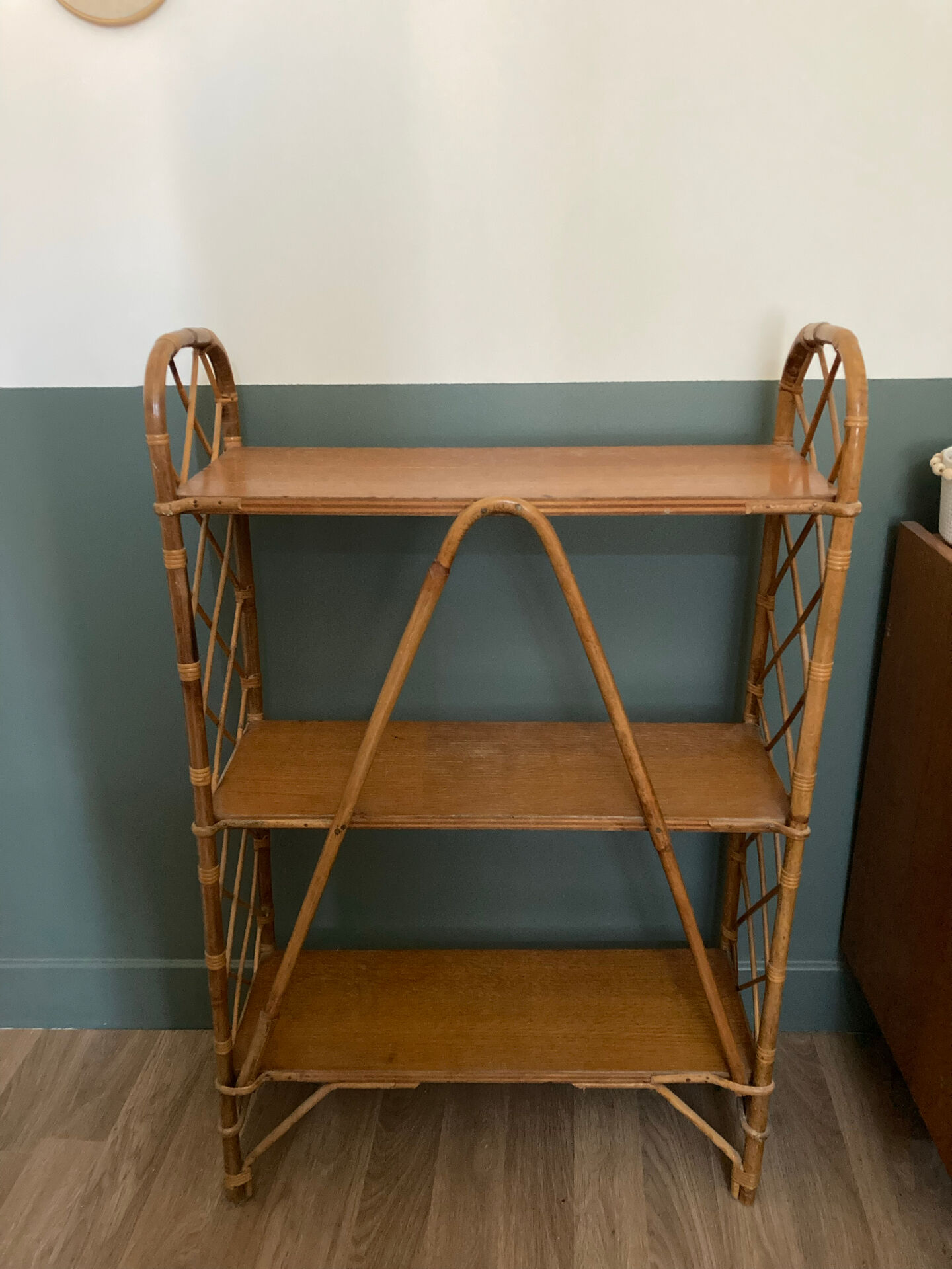 Vintage rattan shelf, library by Louis Sognot