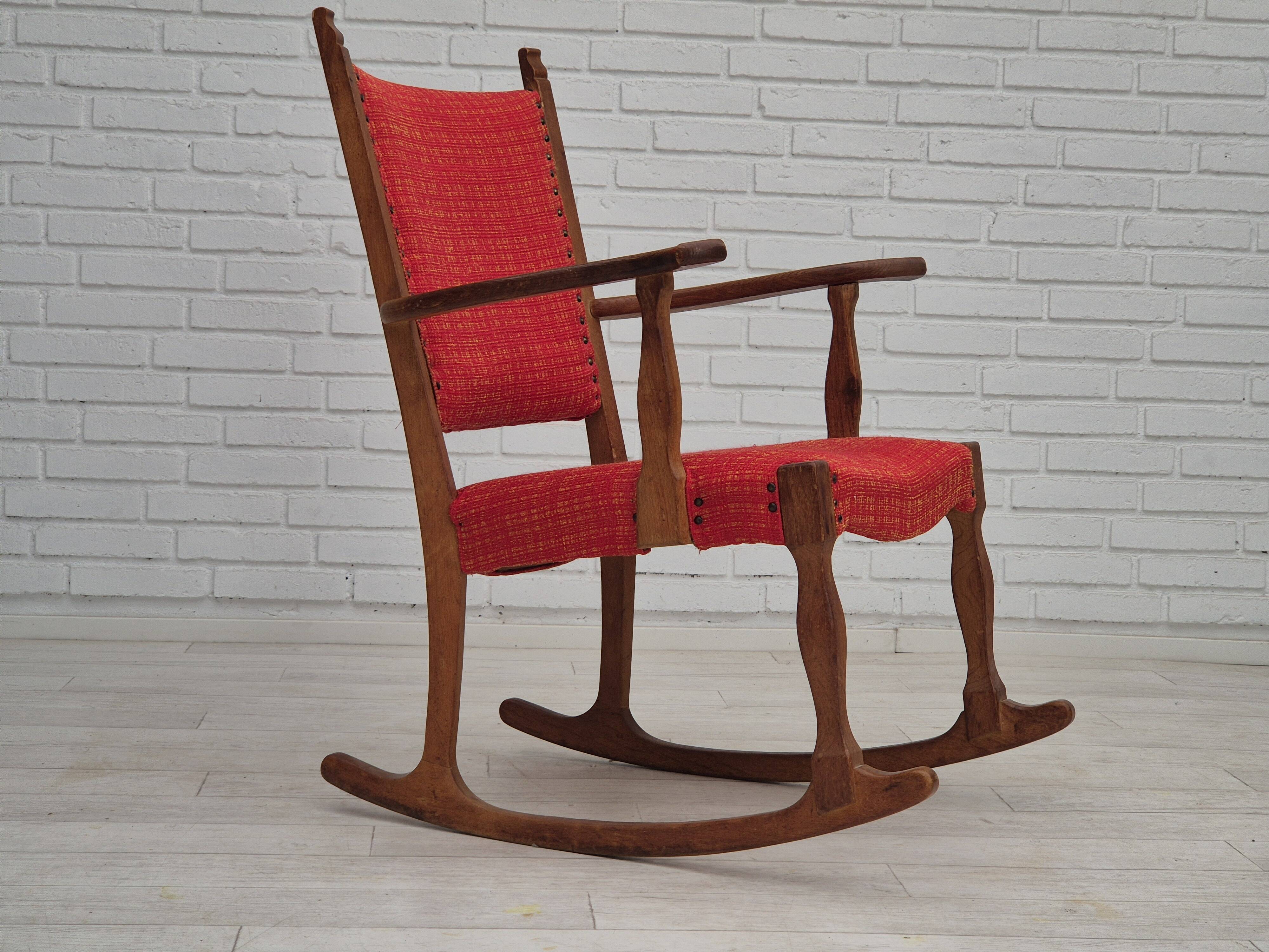 11960s, Danish rocking chair, original good condition, solid oak wood, furniture wool fabric.