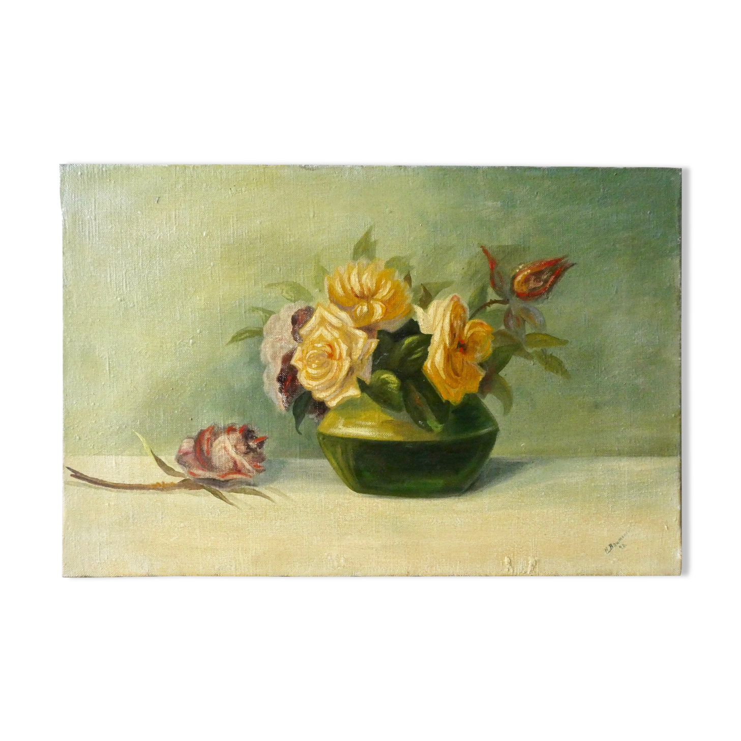 Painting, oil on canvas, bouquet of flowers, roses, 20s