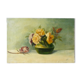 Tableau, huile sur toile, bouquet de fleurs, de roses, années 20