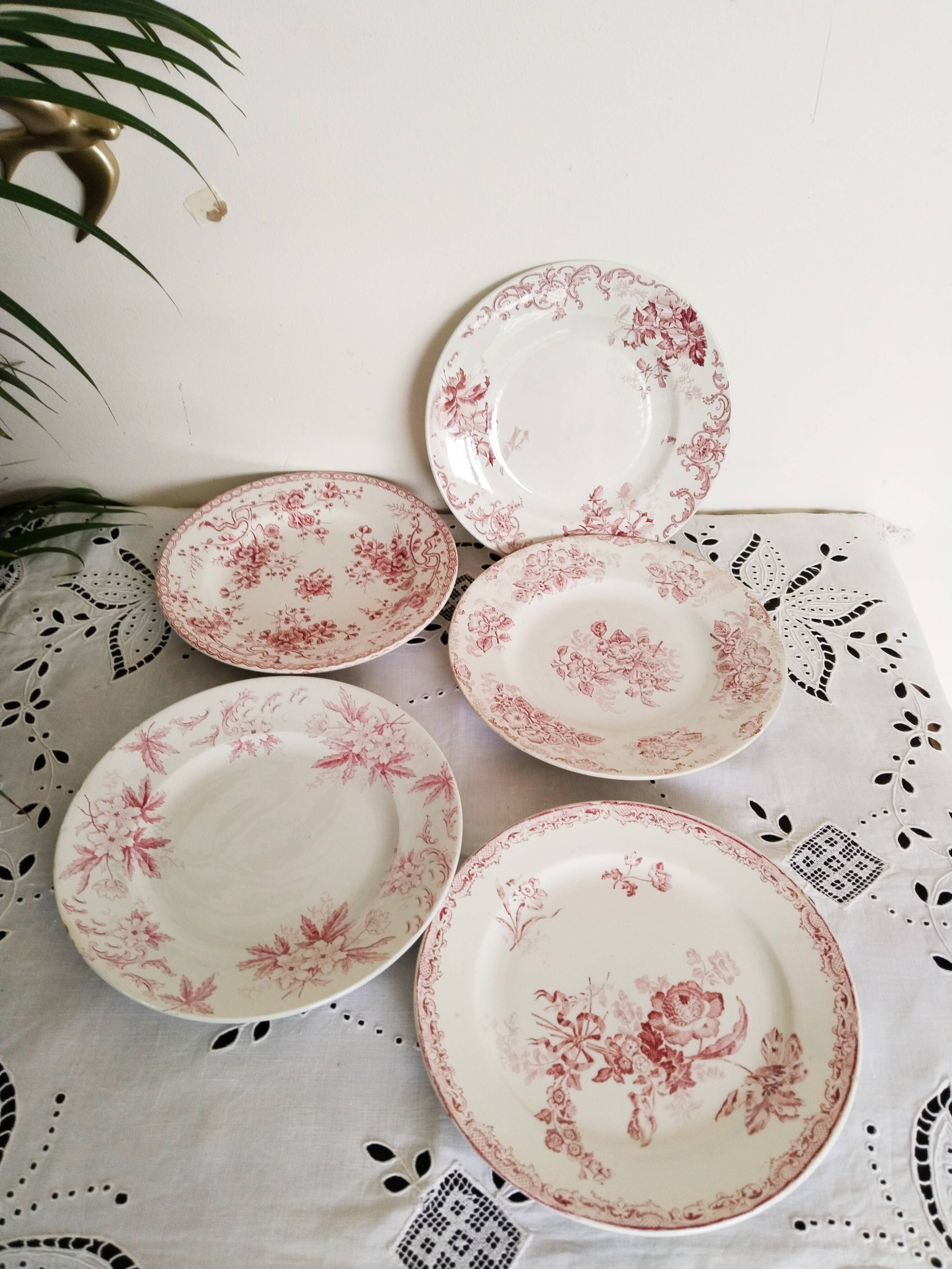 Set of 5 dinner plates in Terre de fer earthenware, red color, antique French