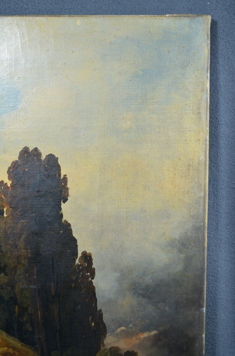 Huile sur toile, Le convoi au pied des rochers, années 1800