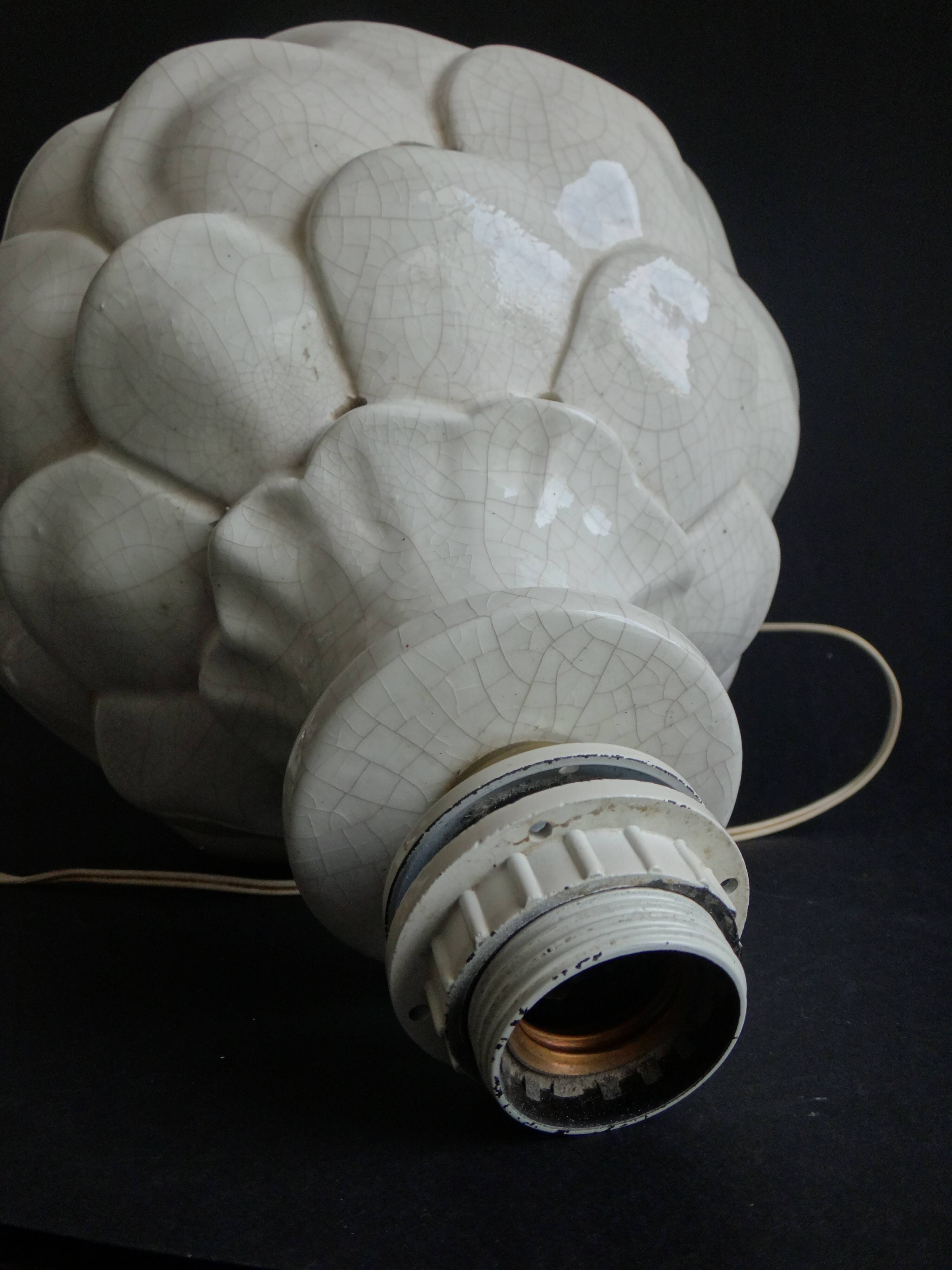 Pied de lampe forme artichaut faience craquelé 1970