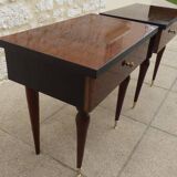 2 Bedside tables typical of the 50s in mahogany-colored varnished wood.