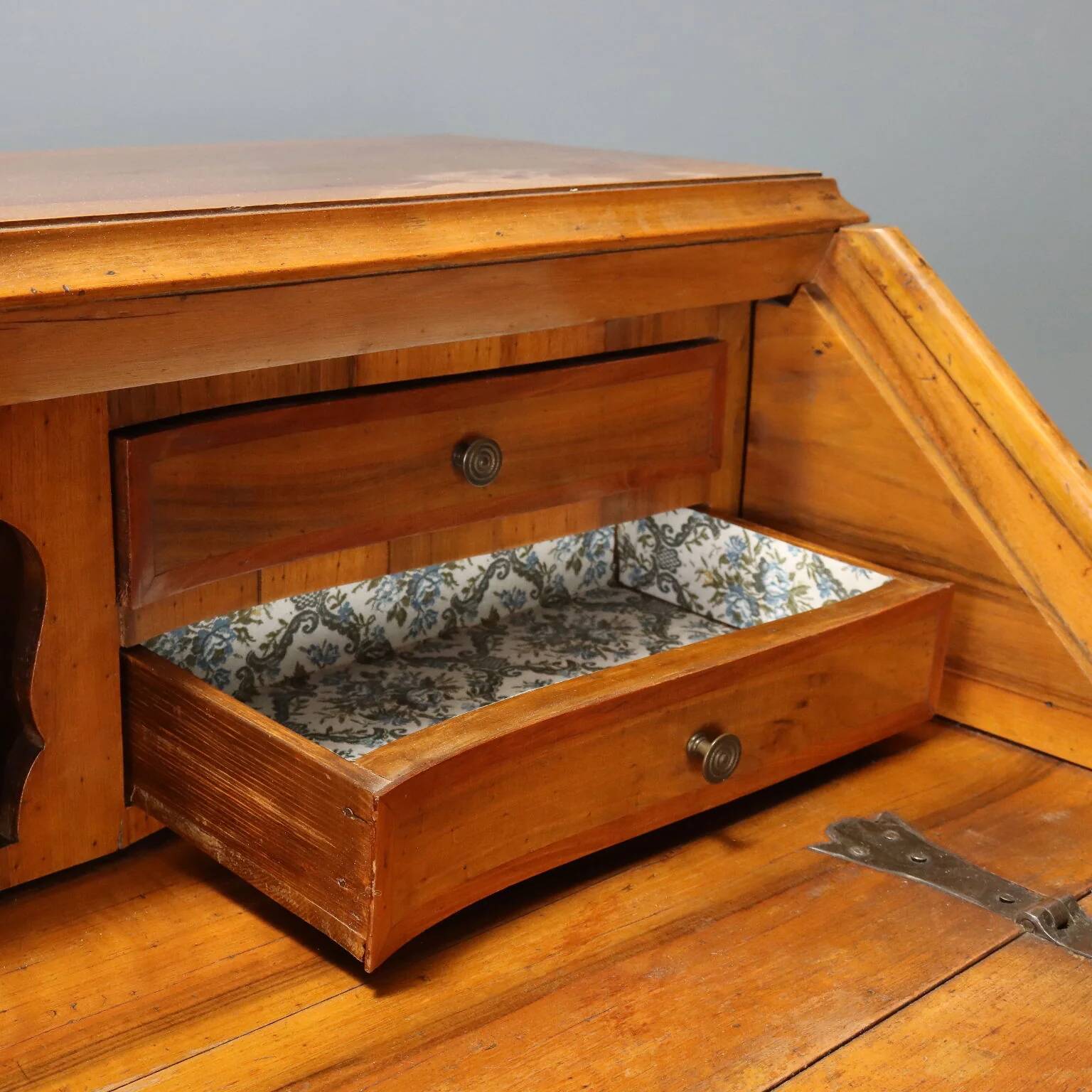Antique cherry wood cabinet with drop-down front, 3 drawers, Italy, 20th century.