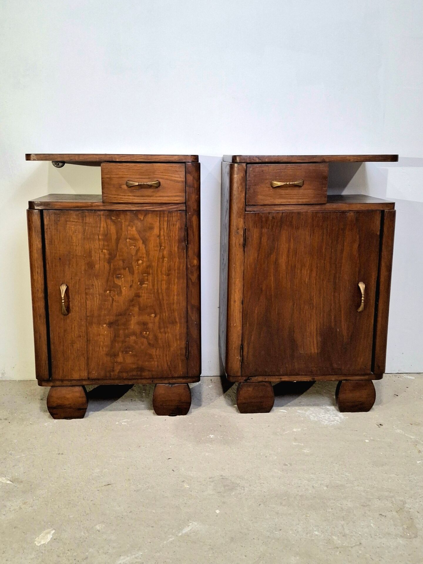 Vintage Art Deco Nightstands Pair Wooden Bedside Tables with Brass Har