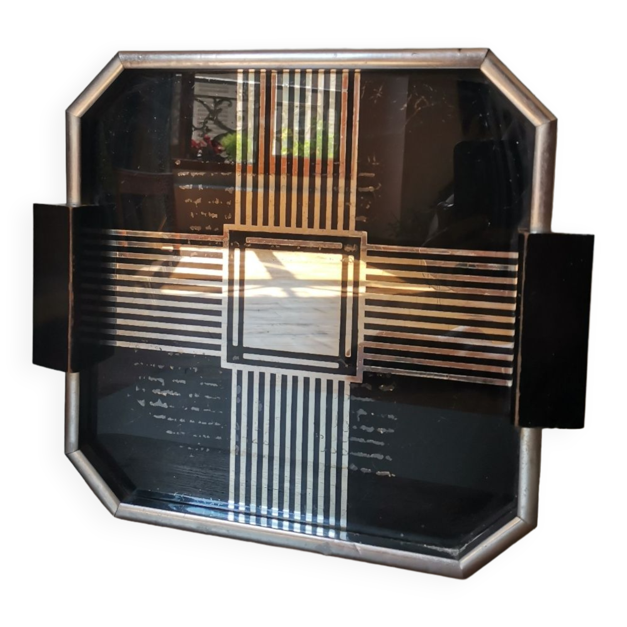 Vintage art deco top wood mirror, metal and mirror with geometric design lines