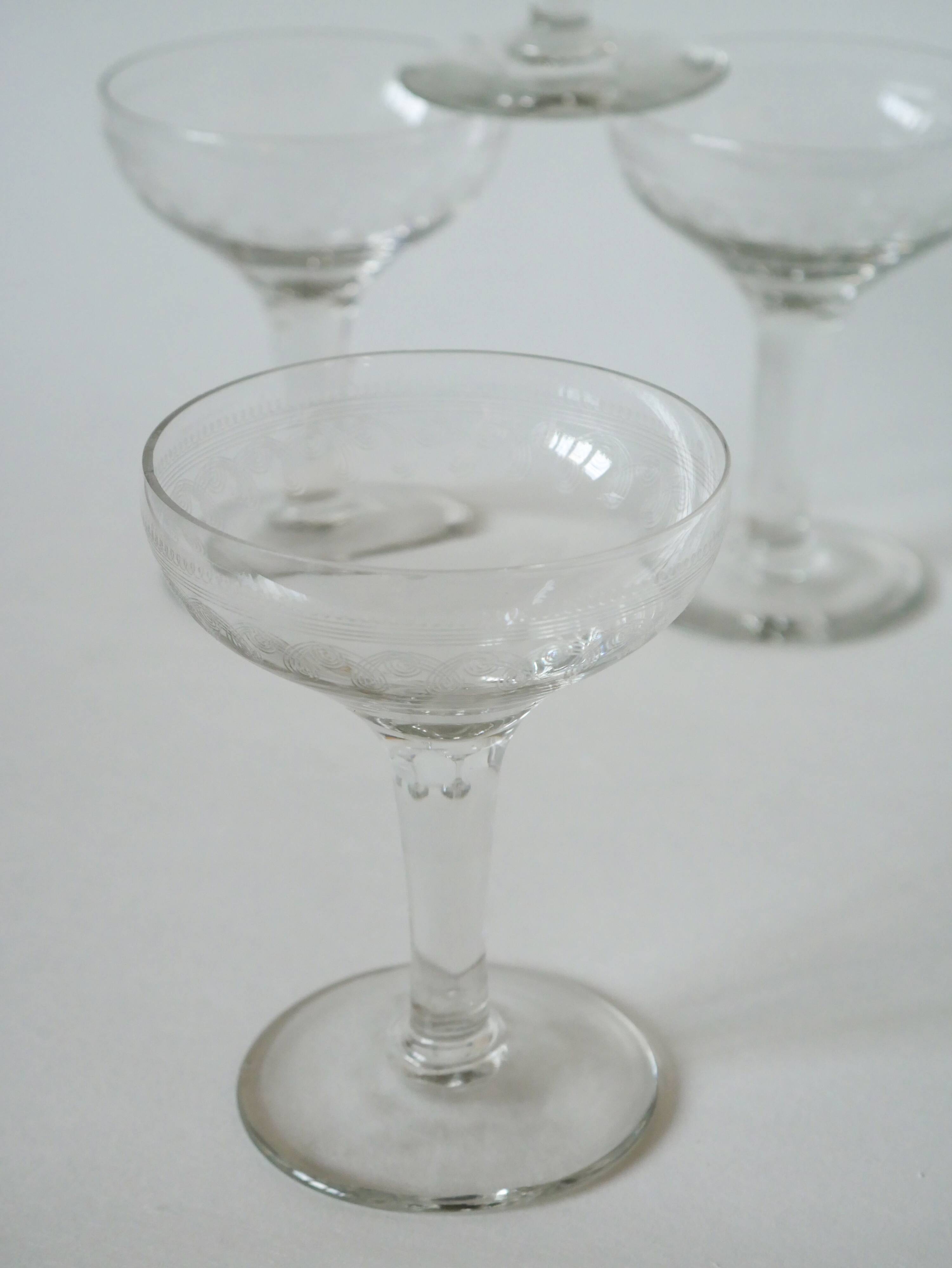 set of 5 engraved crystal champagne glasses 1950