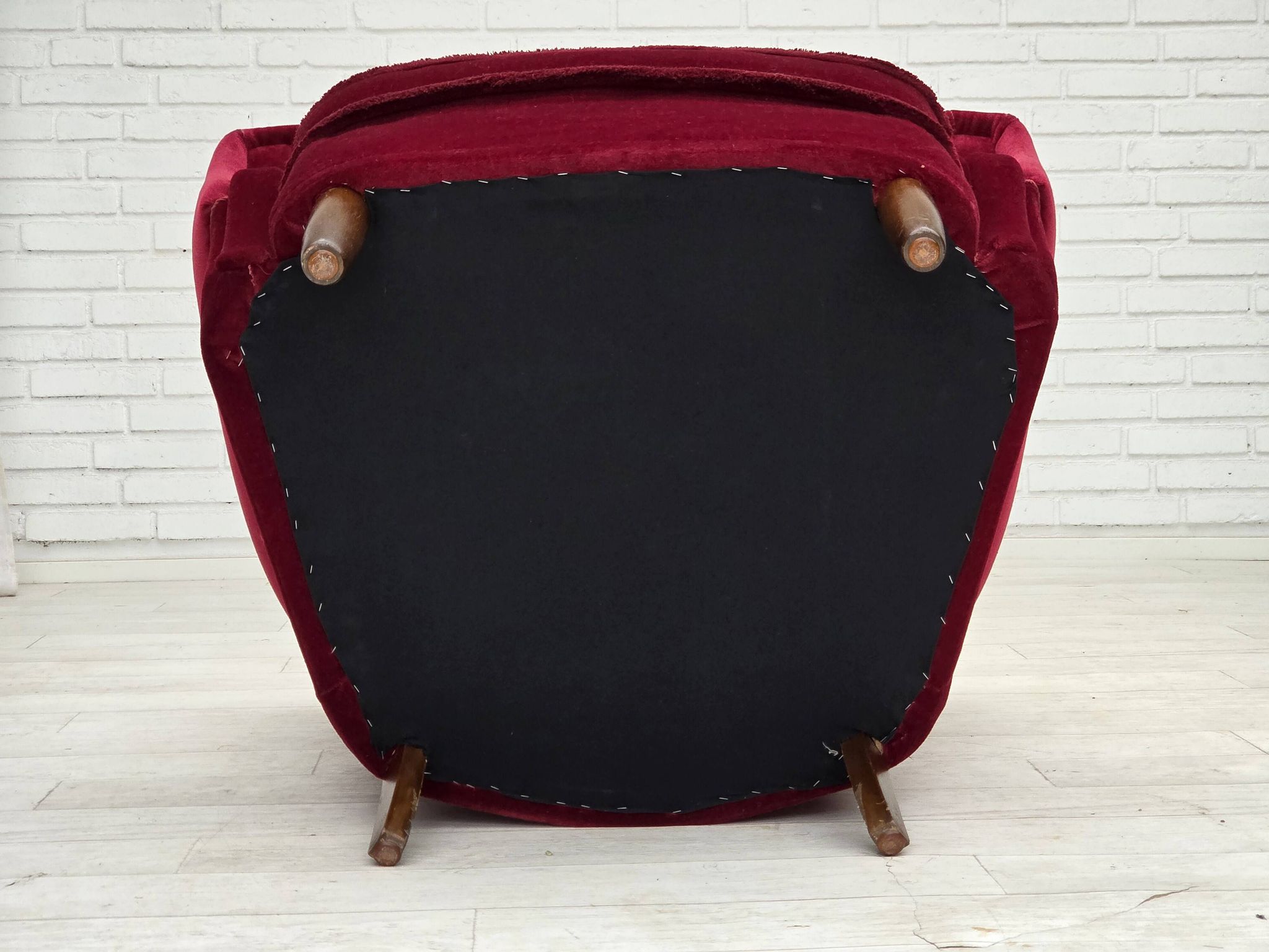 1960s, Danish armchair, cherry-red furniture velour, beech wood legs.