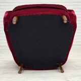 1960s, Danish armchair, cherry-red furniture velour, beech wood legs.