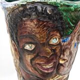 Unique Vintage Hand-Painted Vase with Faces Ascribable to Tullio d'Albisola