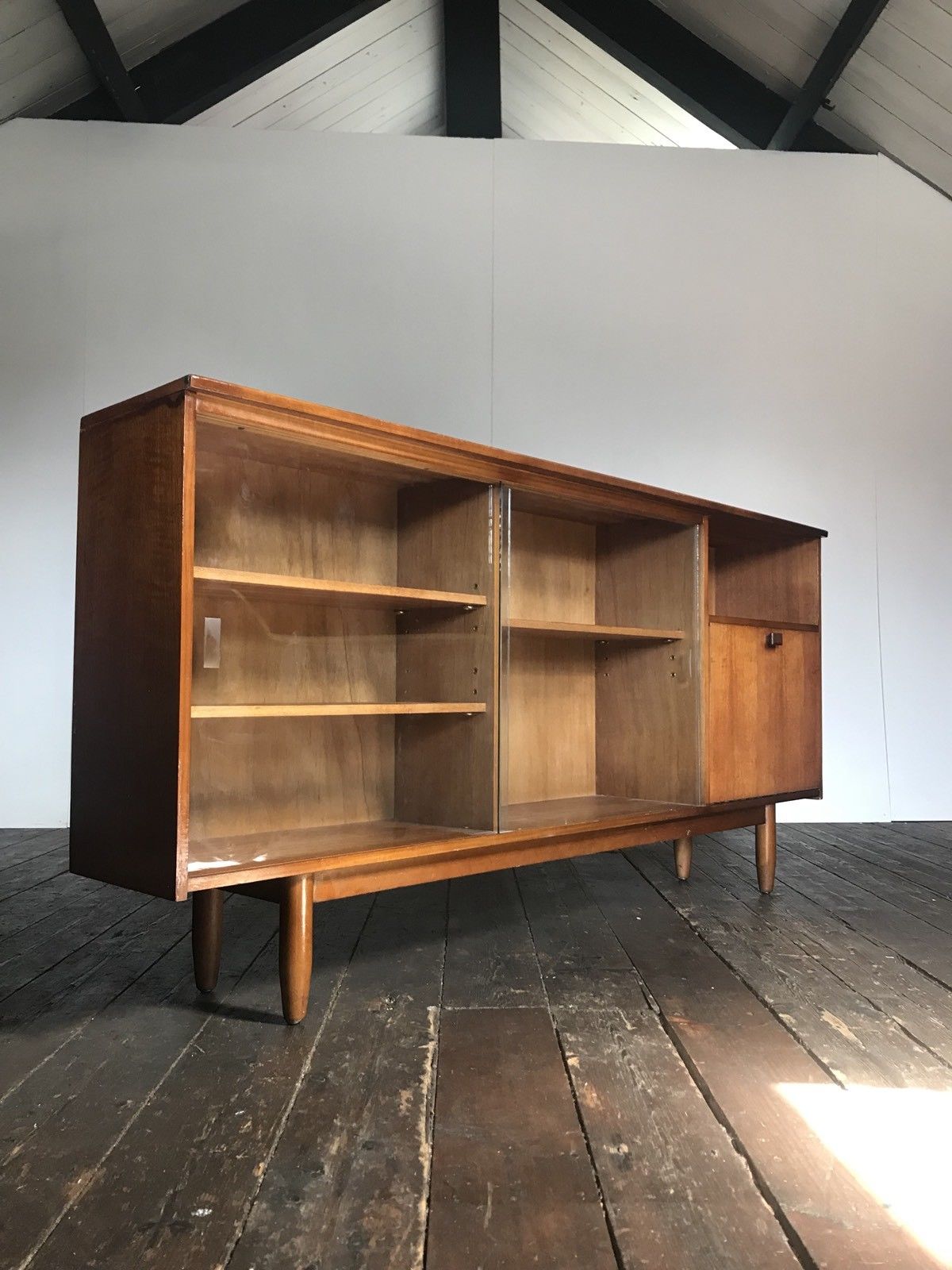 Row / teak, part glass, Mid century Scandinavian buffet