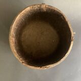 Large measuring pot in wood and old iron, 19th century folk art