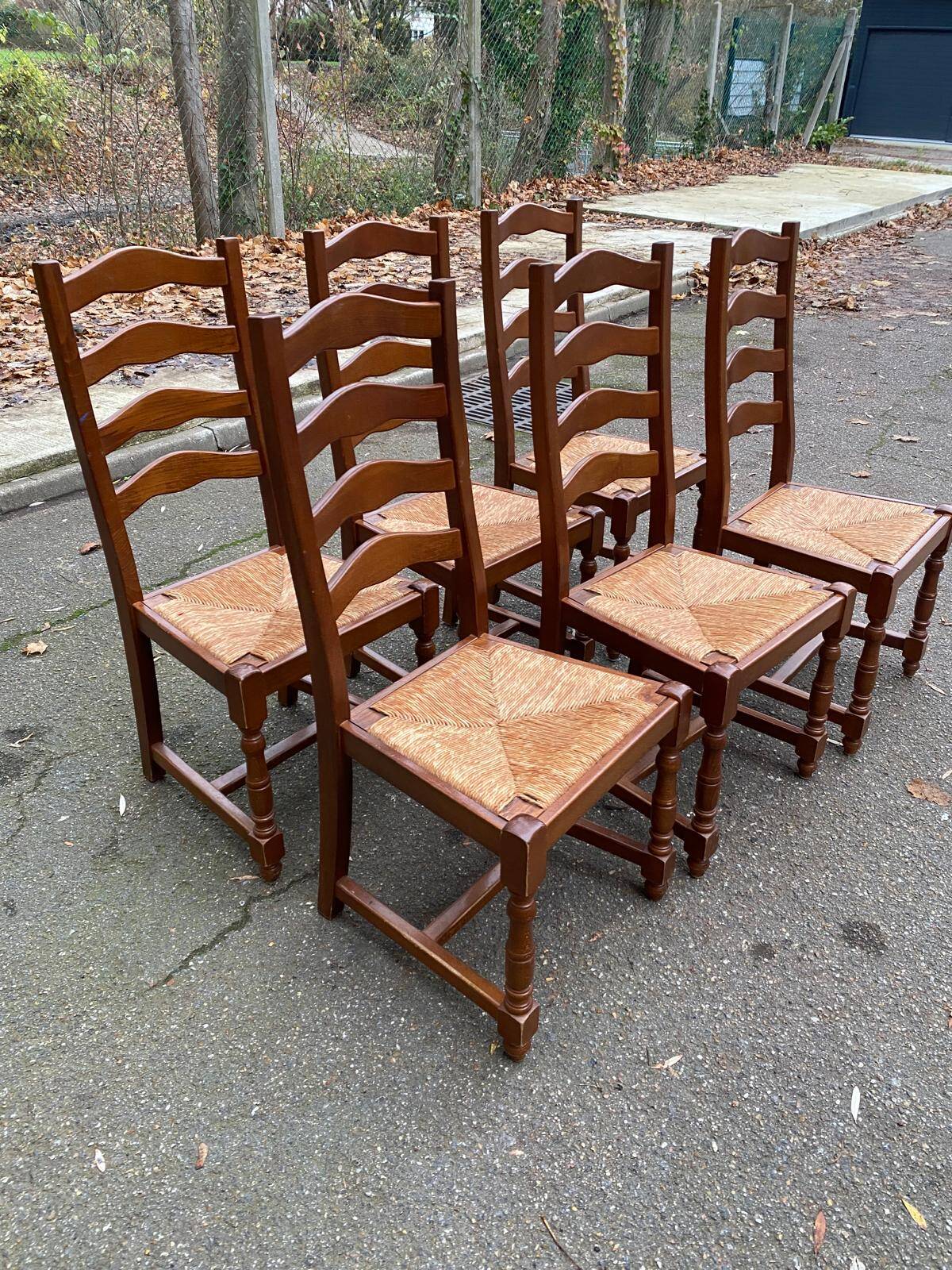 6 solid oak dining chairs with straw seats, 104cm