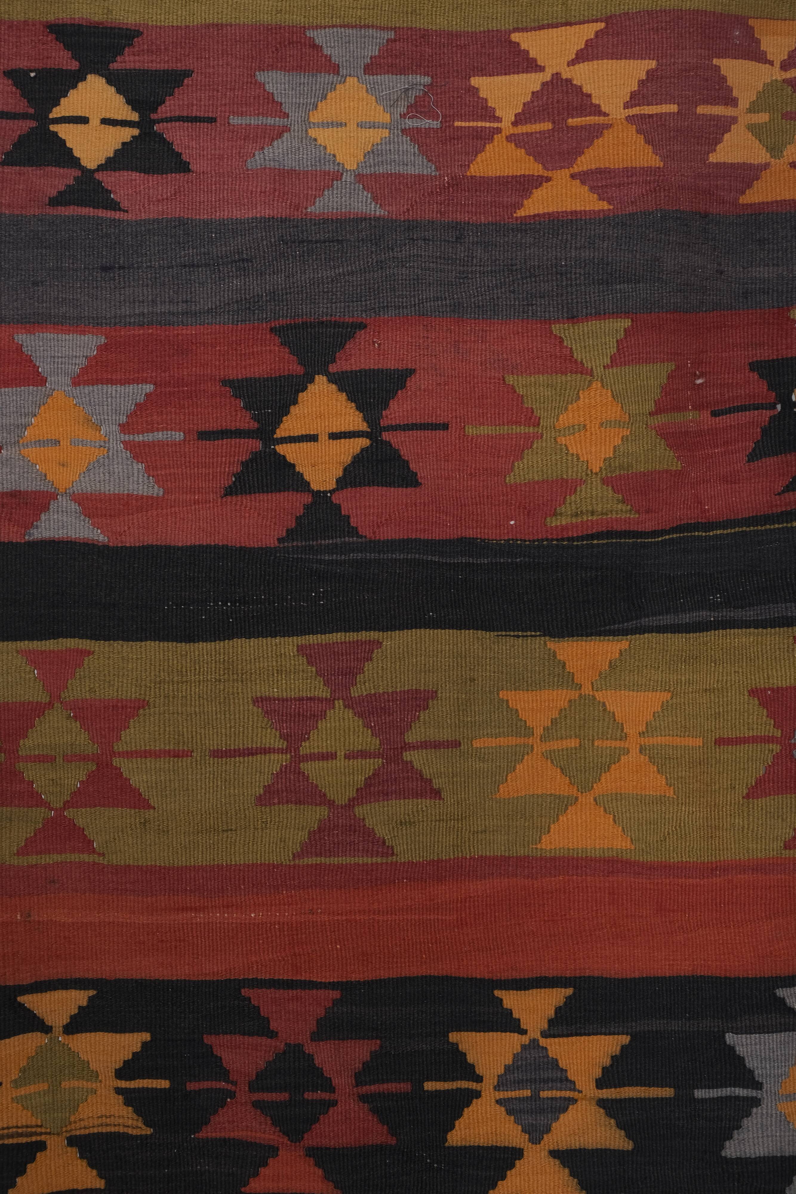 Vintage Organic Turkish Yellow and Red Kilim Rug Runner 3' x 9'5''