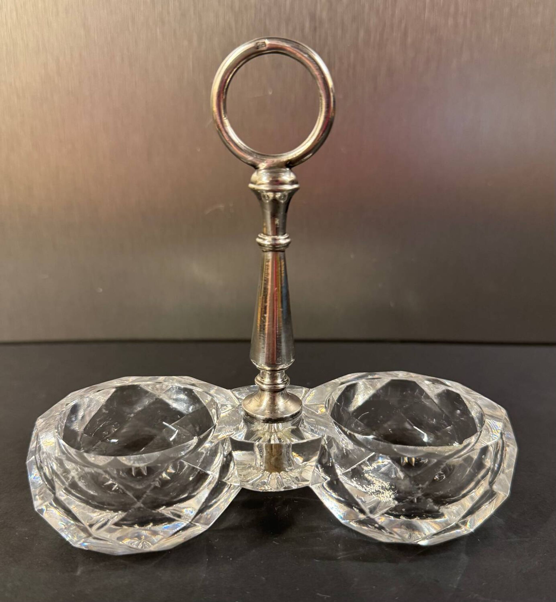 Baccarat double cut crystal salt cellar with metal mount