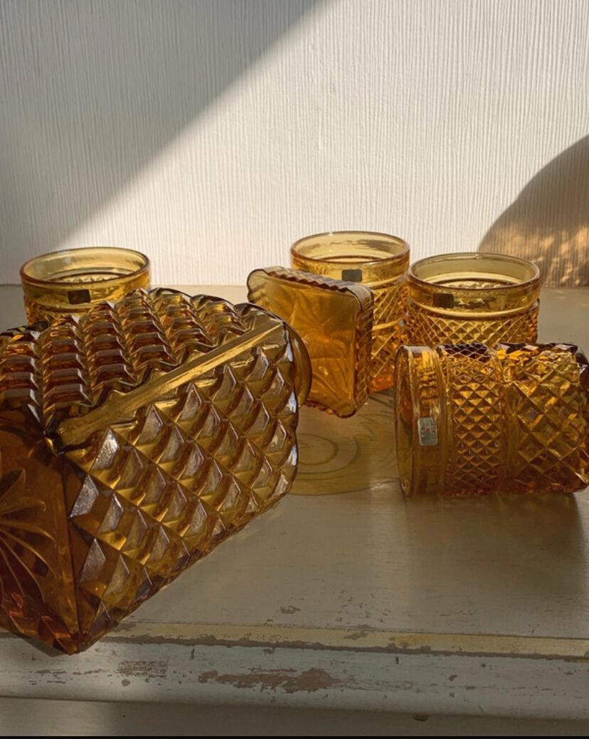 Vintage Italian liqueur service in amber glass – "Pointe de" work