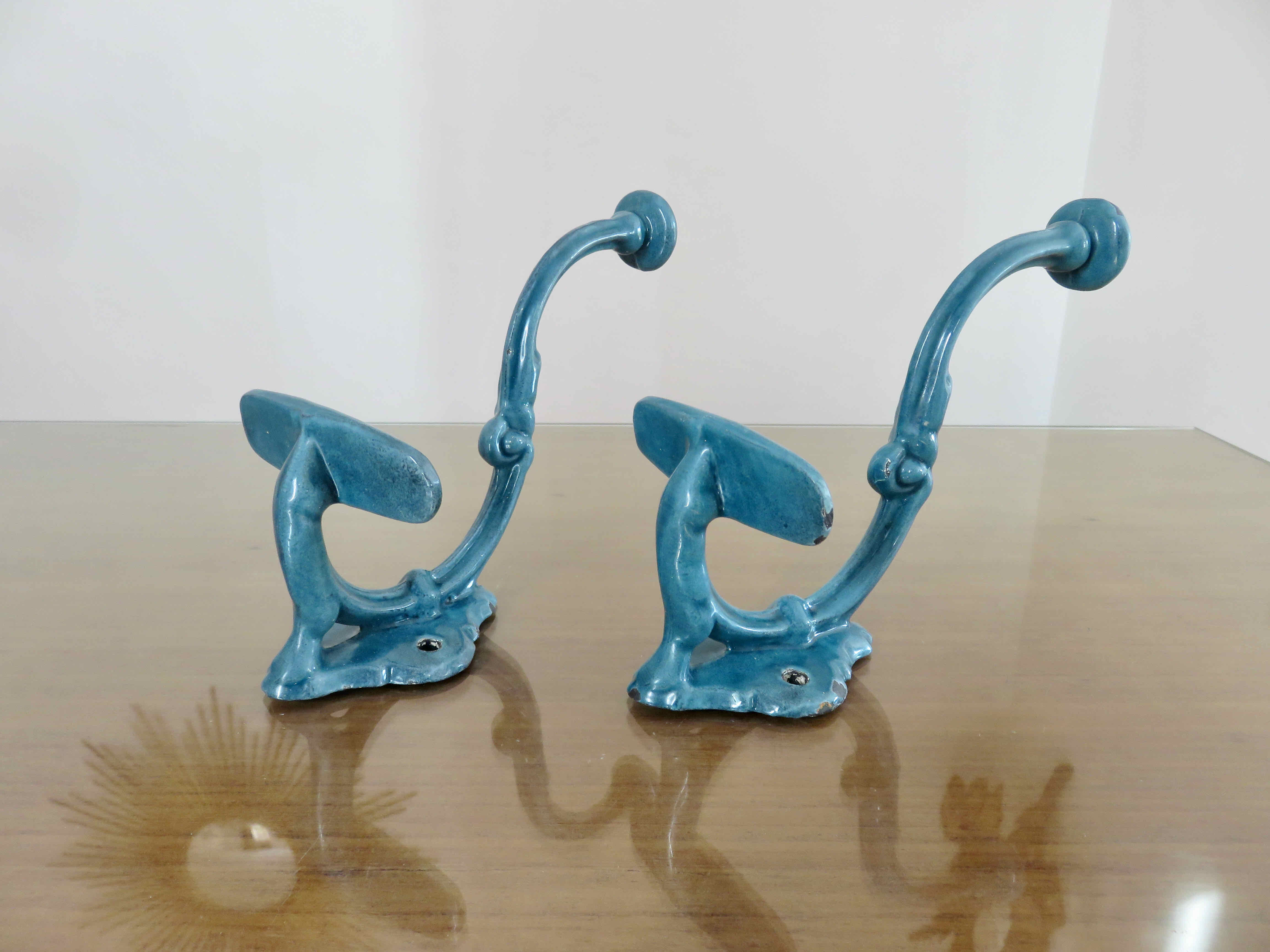 Pair of hooks in blue enamelled cast iron, art deco 30s 40s