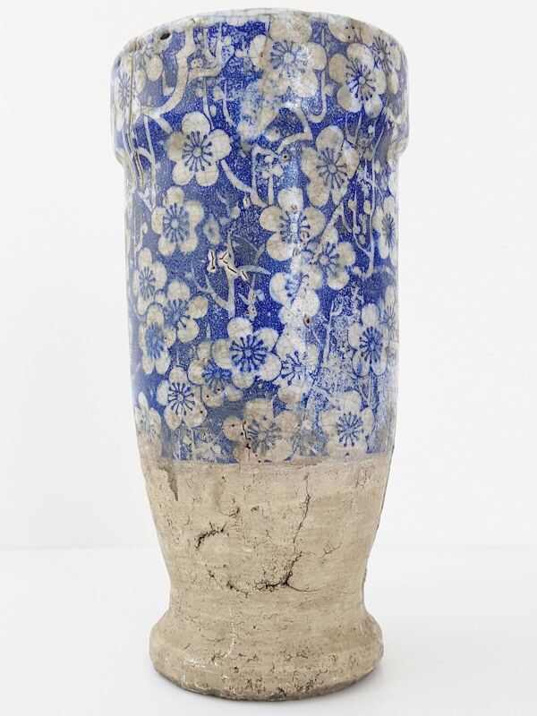 Magnifique vase tres ancien ceramique terre cuite fleurs bleues & blanches