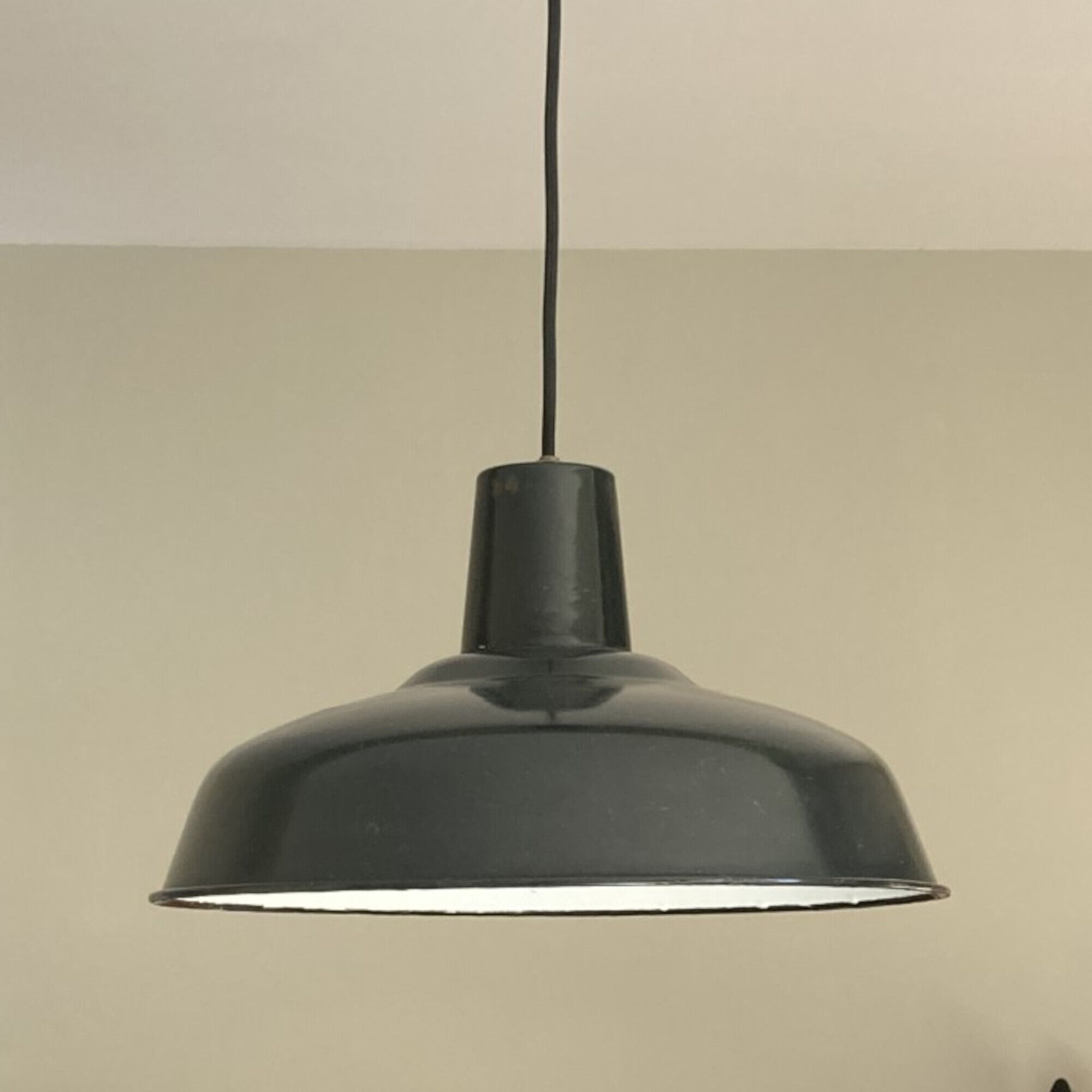 Old hanging lamp black enamelled sheet metal industrial vintage garage
