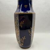 Octagonal vase in Limoges porcelain, oven blue and gold decoration, 20th century