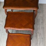Set of 3 nesting tables - Louis XV style - cherry wood - parquet pattern marquetry decor (parquetry)