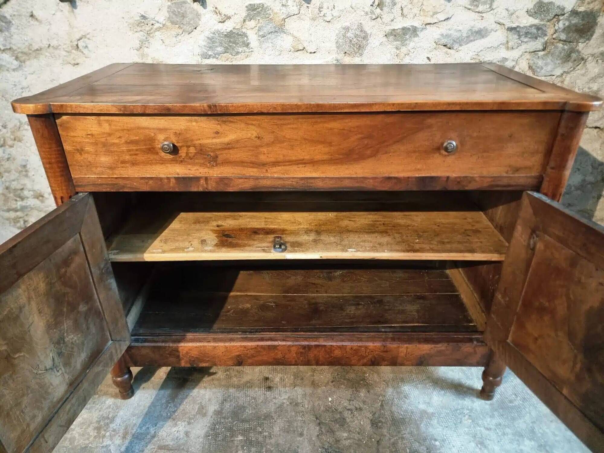 Antique French Walnut Sideboard - 19th Century Buffet with Drawer and Double Doors - Rustic Farmhouse Storage