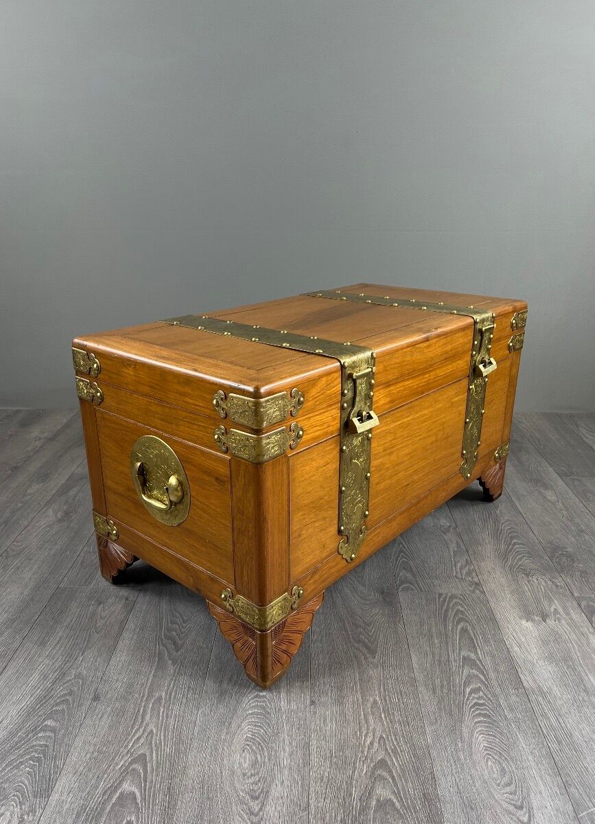 Pair of wooden and engraved brass chests, 20th century