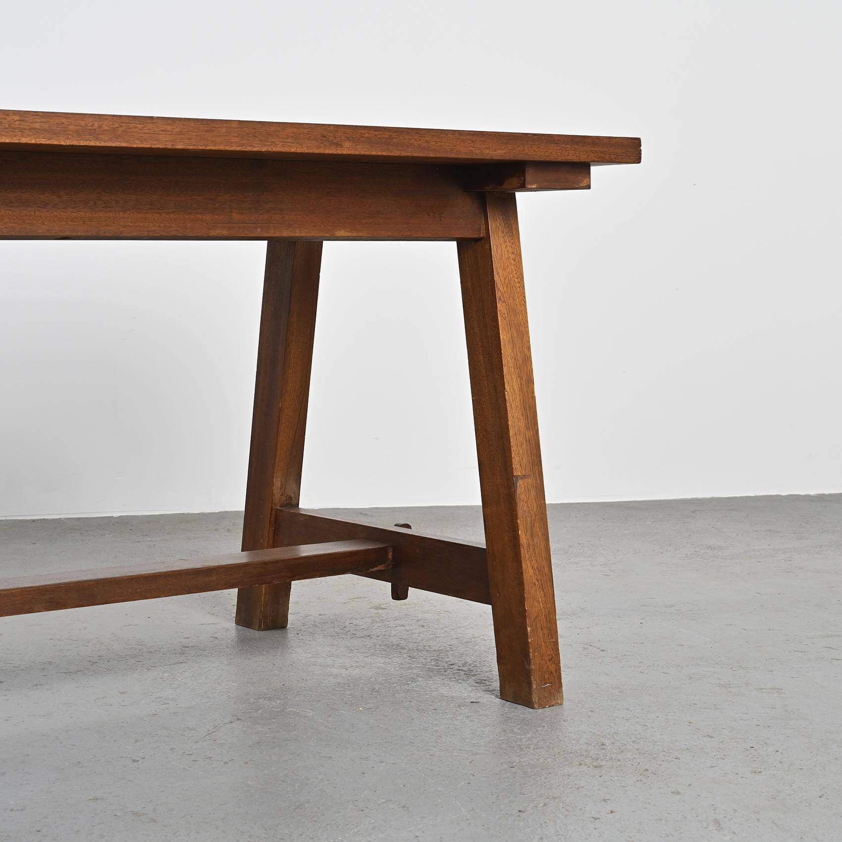 Mahogany dining table and benches, mountain work, France circa 1960