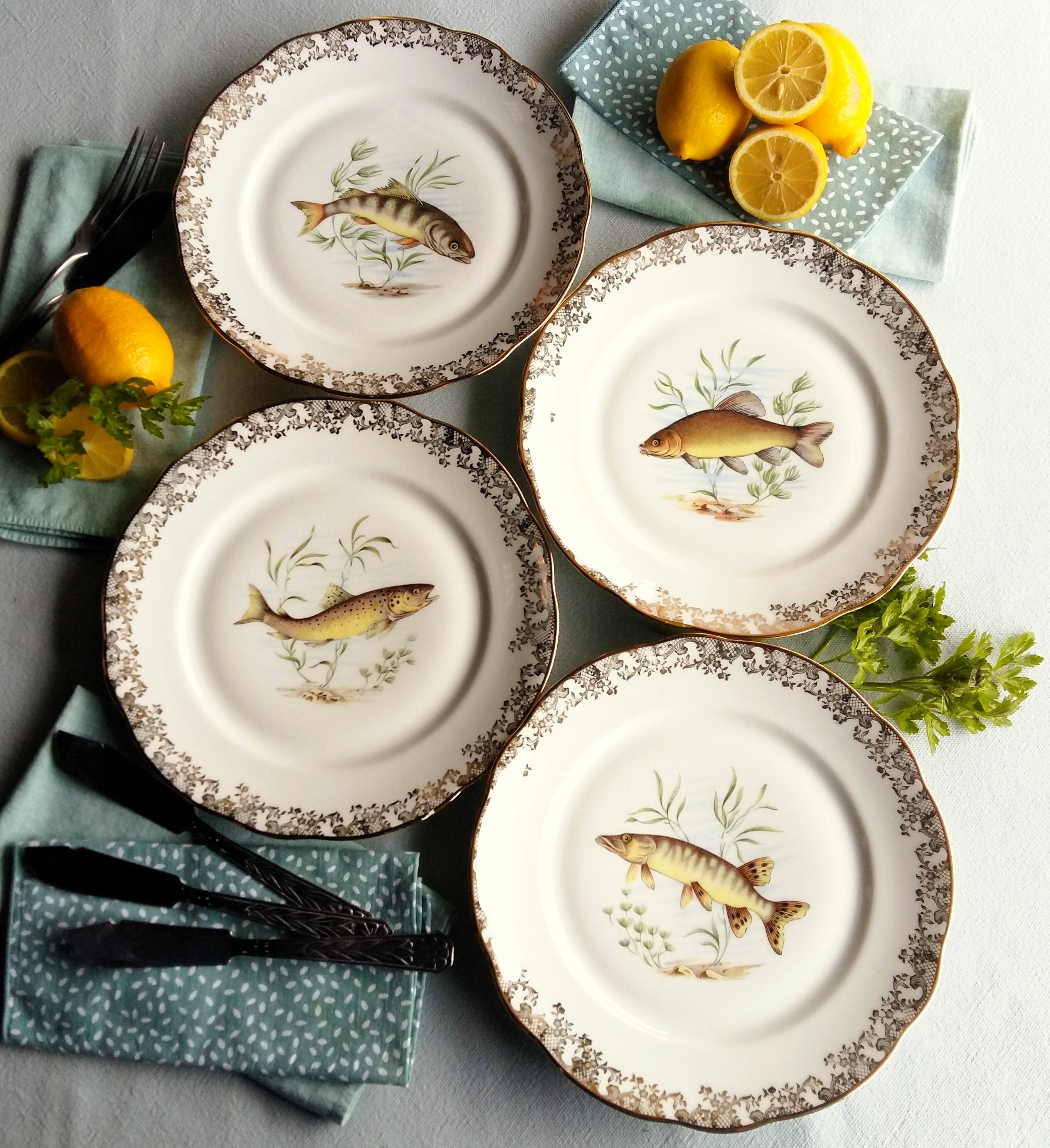 Set of four fish plates. vintage french fish plate set.