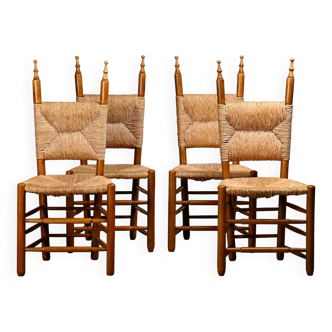 Chaises de salle à manger rustiques brutalistes espagnoles en chêne et jonc