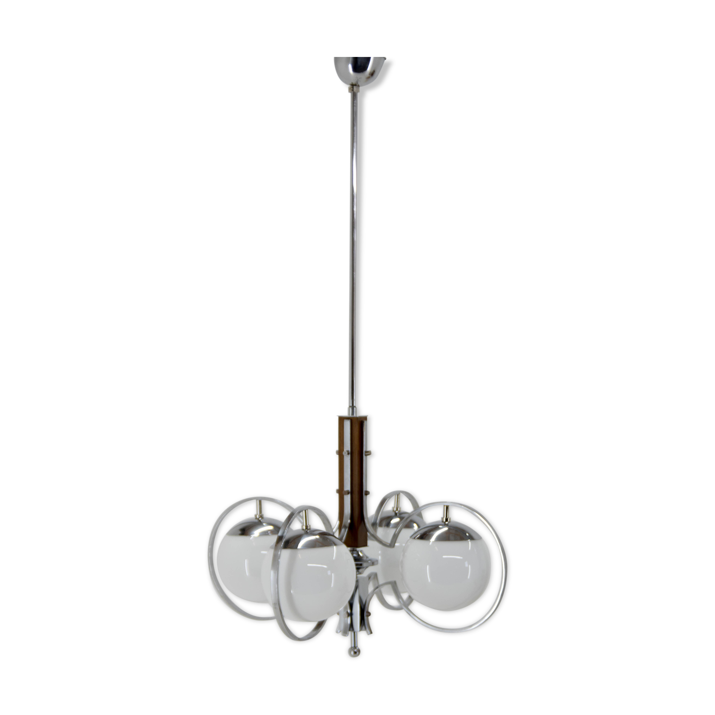 Art deco opaline glass wood and chrome chandelier, 1930s