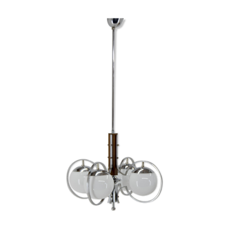 Art deco opaline glass wood and chrome chandelier, 1930s