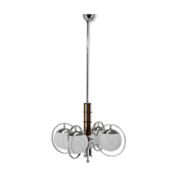 Art deco opaline glass wood and chrome chandelier, 1930s