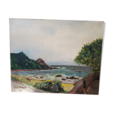 Tableau ancien promenade au bord de mer