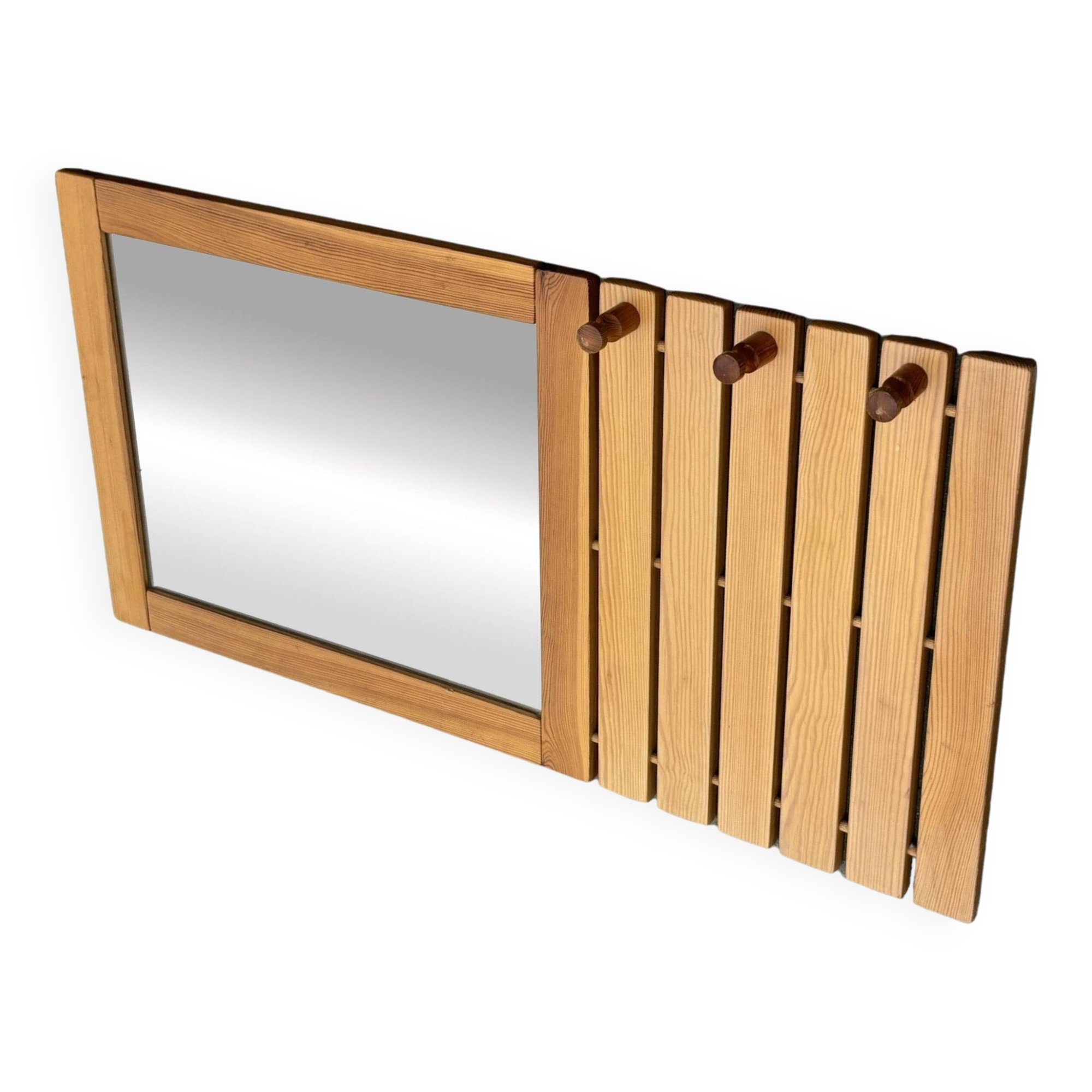 Vintage Pine Pinewood coat rack with mirror - 1970s design
