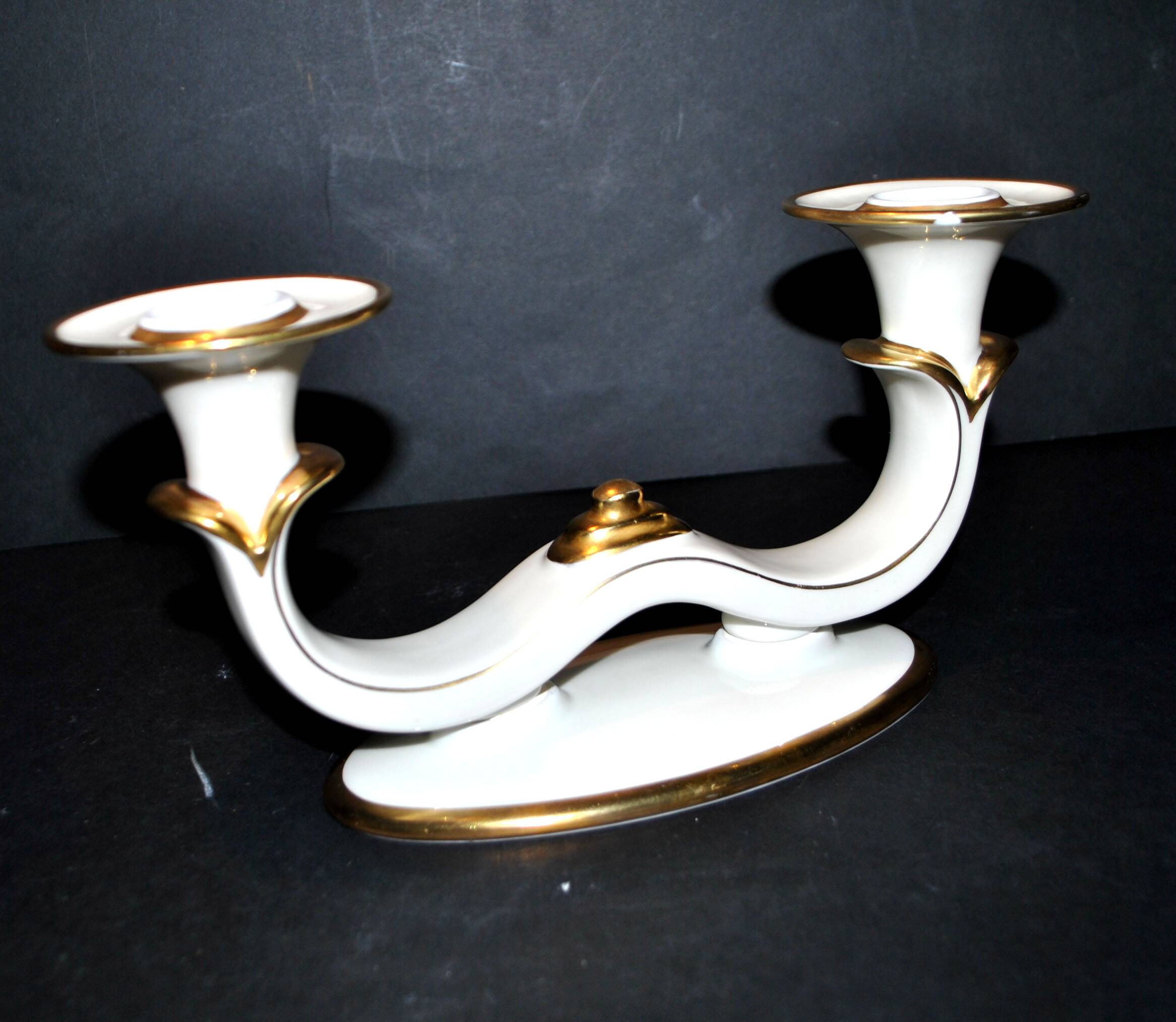Modernist German porcelain candle holder - double gold rim candlestick