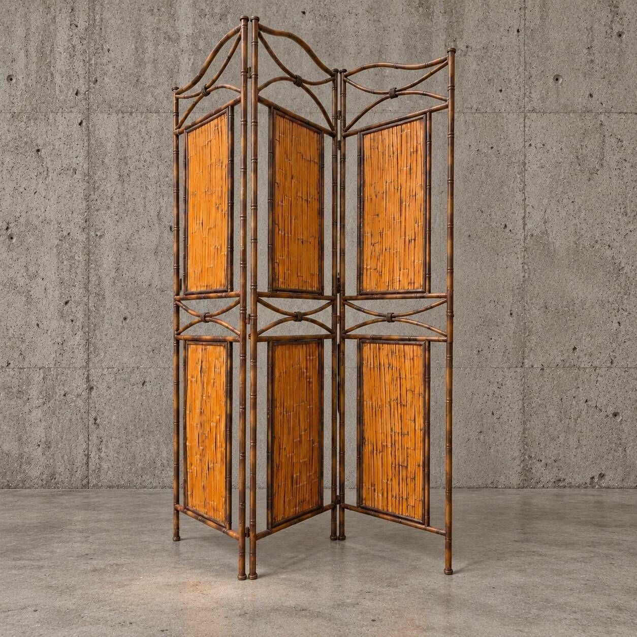 Paravent en métal imitation bambou avec panneaux en bambou / années 1980