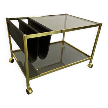 Table basse hollywood regency vintage en laiton et verre de maison jansen, 1970s