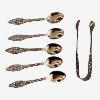 6 silver spoons and matching Dutch sugar tongs